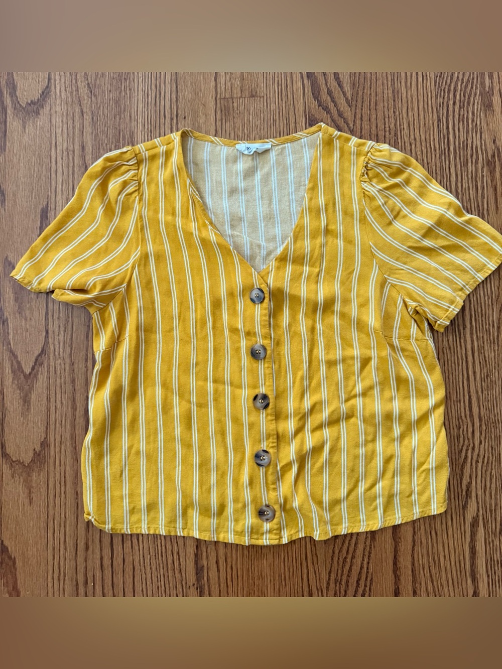 Kirious Women's Yellow/White Striped Rayon Woven V-Neck Puff Sleeve Blouse M